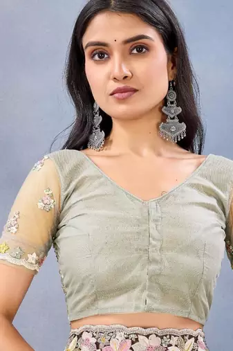 Pista color net resham embroidered & handwork zircon work saree