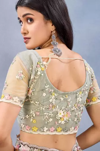 Pista color net resham embroidered & handwork zircon work saree
