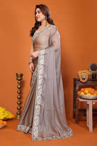 P.c sitara silk embroidery work saree with unstitched gota patti blouse – rich tone designer saree