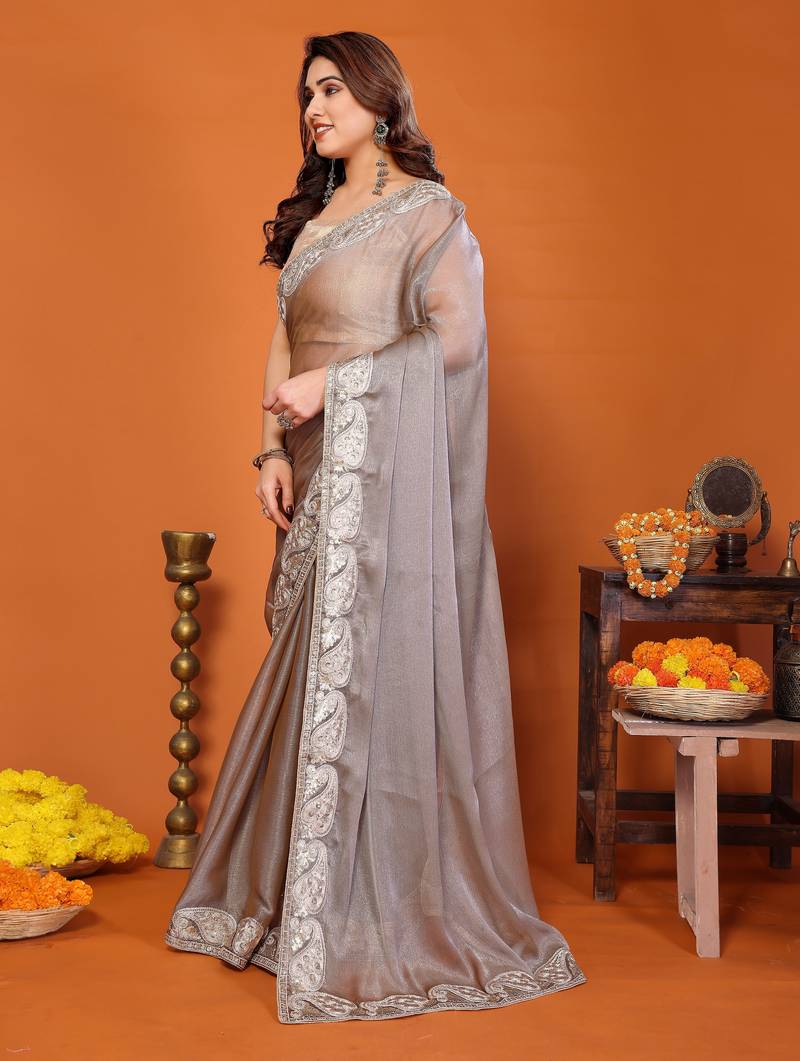 P.c sitara silk embroidery work saree with unstitched gota patti blouse – rich tone designer saree