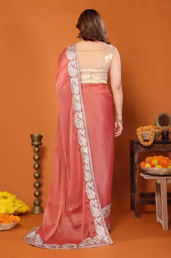 sitara silk blend embroidery work saree with unstitched gota patti blouse