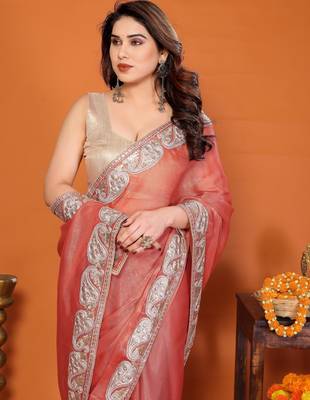 sitara silk blend embroidery work saree with unstitched gota patti blouse 3