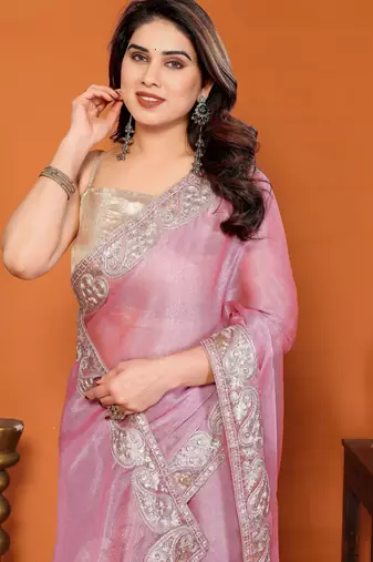 sitara silk blend embroidery work saree with unstitched gota patti blouse