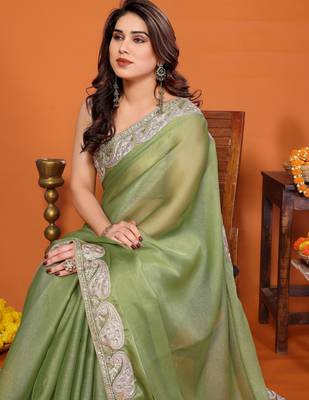 sitara silk blend embroidery work saree with unstitched gota patti blouse 2