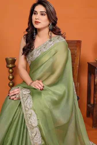 sitara silk blend embroidery work saree with unstitched gota patti blouse