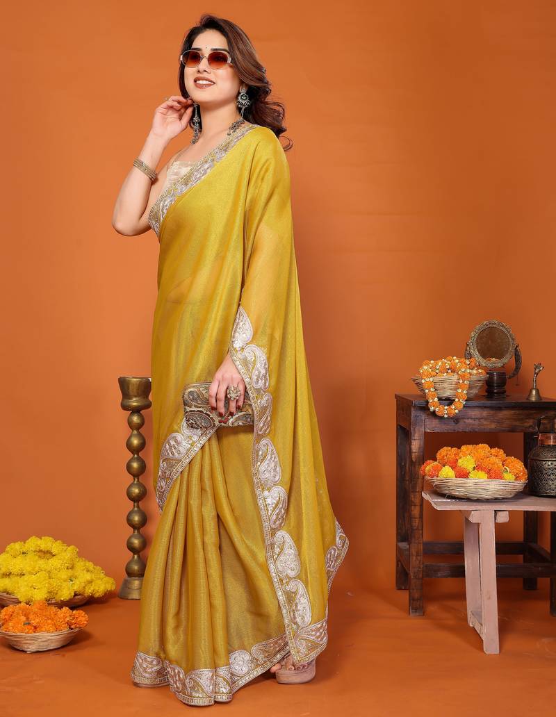 P.c sitara silk embroidery work saree with unstitched gota patti blouse – rich tone designer saree