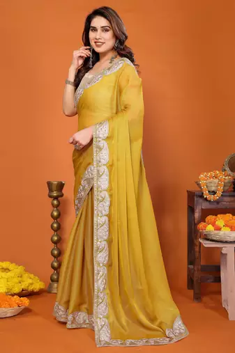 sitara silk blend embroidery work saree with unstitched gota patti blouse