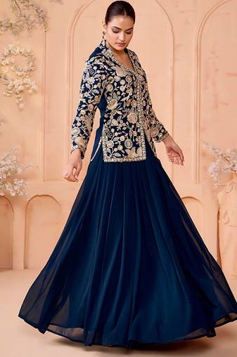 Floral Embroidered Thread Work Ready To Wear Lehenga & Choli Free Size Upto 42