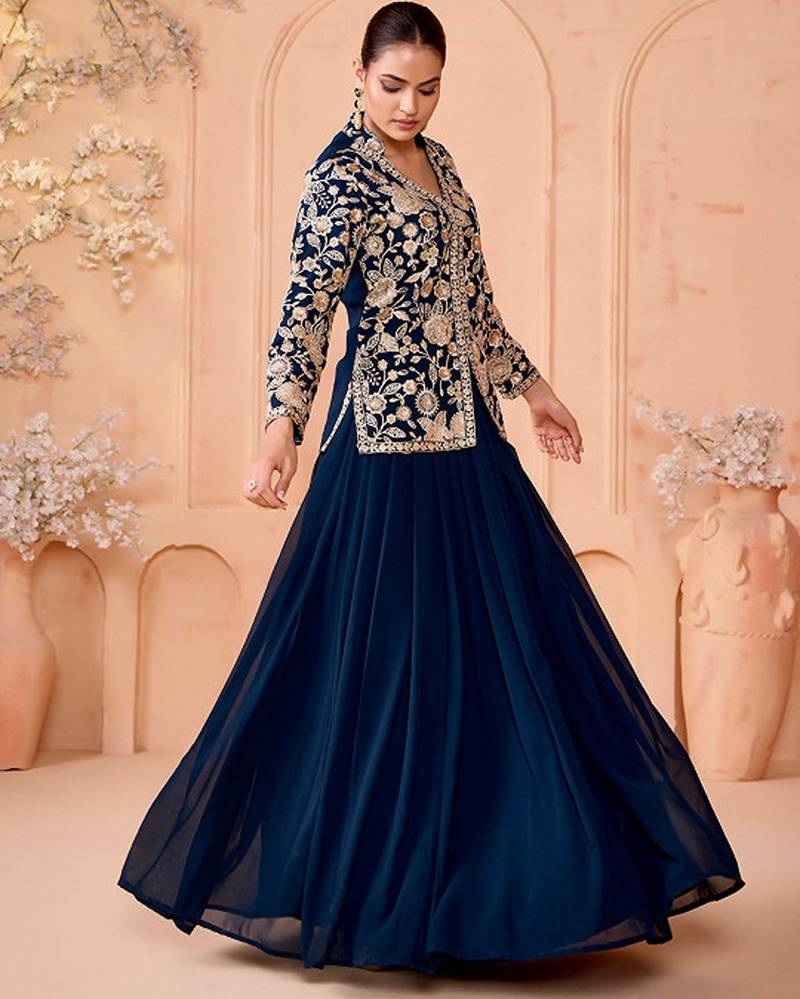 Floral Embroidered Thread Work Ready To Wear Lehenga & Choli Free Size Upto 42