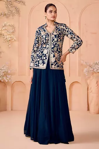 Floral Embroidered Thread Work Ready To Wear Lehenga & Choli Free Size Upto 42