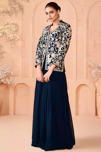 Floral Embroidered Thread Work Ready To Wear Lehenga & Choli Free Size Upto 42