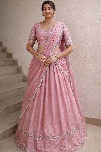 Embroidered Thread Work Ready To Wear Lehenga & Blouse With Dupatta Free Size Upto 42