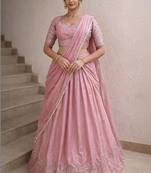Embroidered Thread Work Ready To Wear Lehenga & Blouse With Dupatta Free Size Upto 42