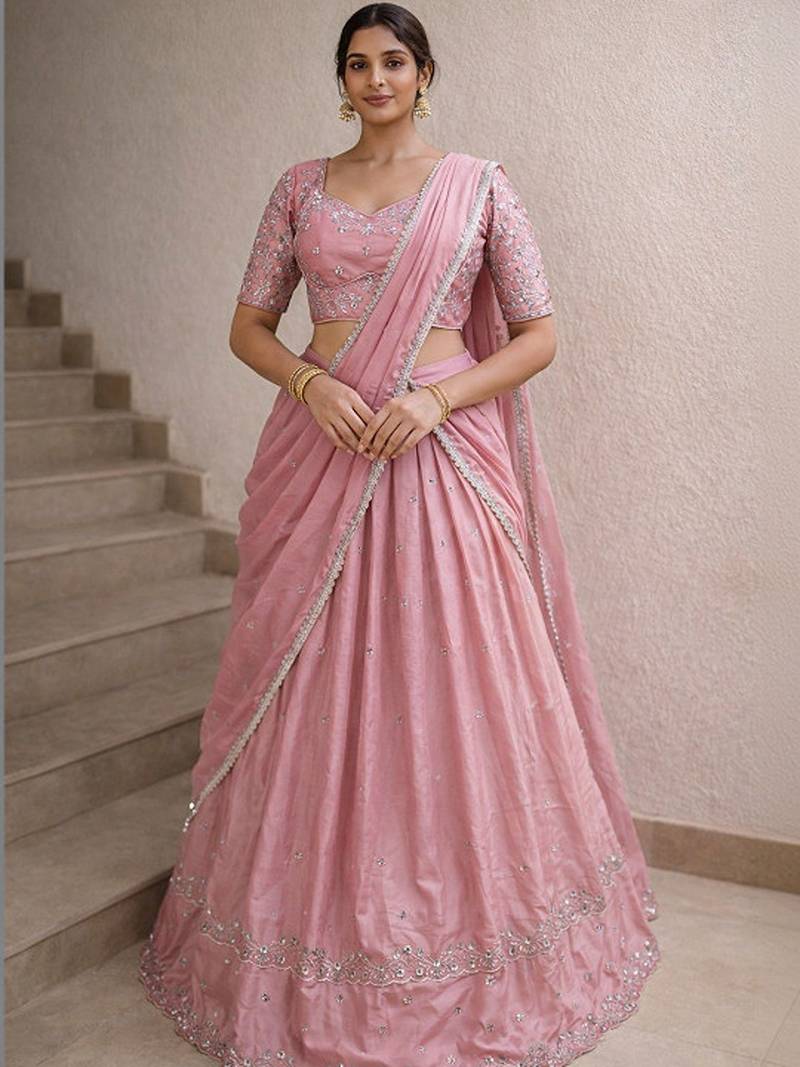 Embroidered Thread Work Ready To Wear Lehenga & Blouse With Dupatta Free Size Upto 42
