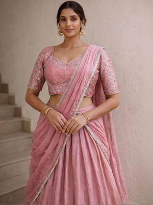 Embroidered Thread Work Ready To Wear Lehenga & Blouse With Dupatta Free Size Upto 42 2