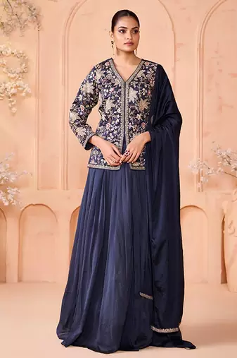 Embroidered Sequinned Silk Ready To Wear Lehenga With Blouse & Dupatta Free Size Upto 42