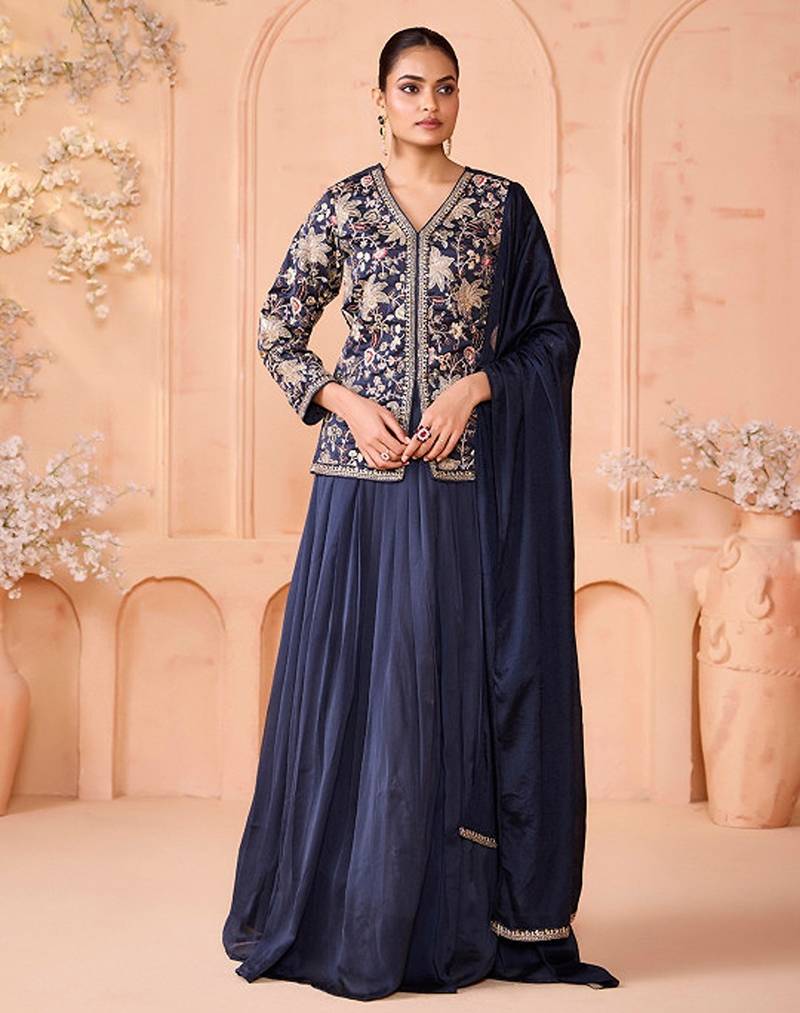 Embroidered Sequinned Silk Ready To Wear Lehenga With Blouse & Dupatta Free Size Upto 42