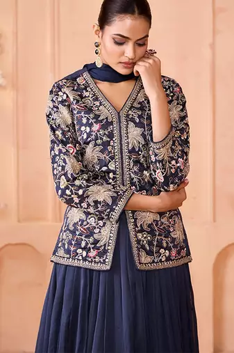 Embroidered Sequinned Silk Ready To Wear Lehenga With Blouse & Dupatta Free Size Upto 42