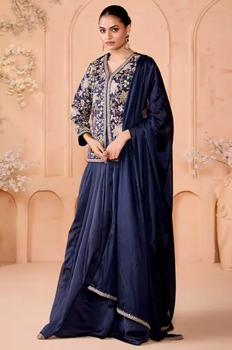 Embroidered Sequinned Silk Ready To Wear Lehenga With Blouse & Dupatta Free Size Upto 42