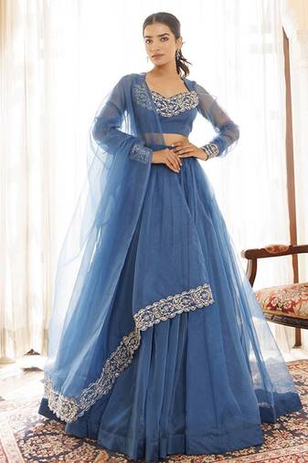 Floral Embroidered Organza Ready To Wear Lehenga & Blouse With Dupatta Free Size Upto 42
