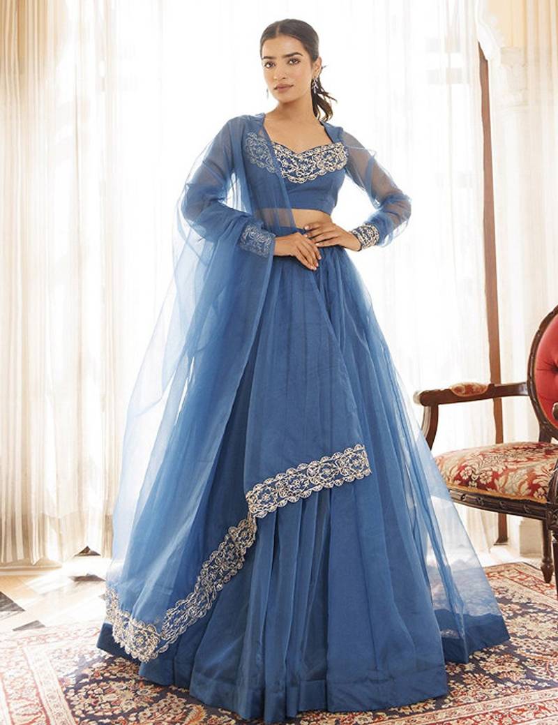 Floral Embroidered Organza Ready To Wear Lehenga & Blouse With Dupatta Free Size Upto 42