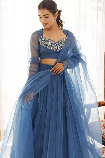 Floral Embroidered Organza Ready To Wear Lehenga & Blouse With Dupatta Free Size Upto 42