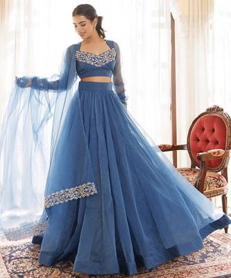 Floral Embroidered Organza Ready To Wear Lehenga & Blouse With Dupatta Free Size Upto 42 3