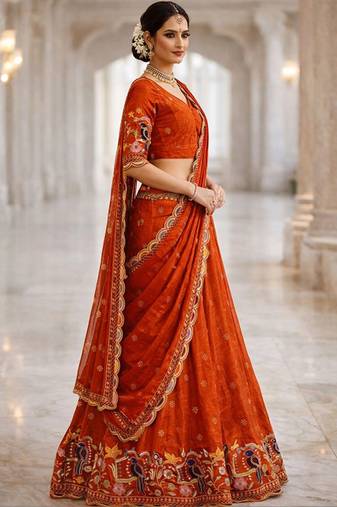 Embroidered Thread Work Semi-Stitched Lehenga & Blouse With Dupatta Free Size Upto 42