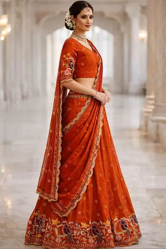 Embroidered Thread Work Semi-Stitched Lehenga & Blouse With Dupatta Free Size Upto 42