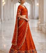 Embroidered Thread Work Semi-Stitched Lehenga & Blouse With Dupatta Free Size Upto 42