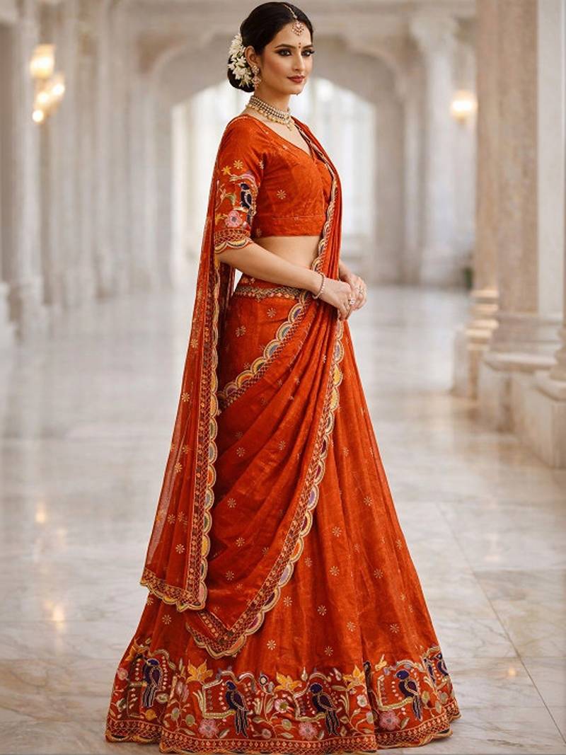 Embroidered Thread Work Semi-Stitched Lehenga & Blouse With Dupatta Free Size Upto 42