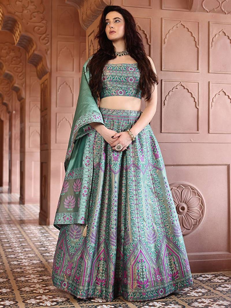 Ready To Wear Lehenga & Unstitched Blouse With Dupatta Free Size Upto 42