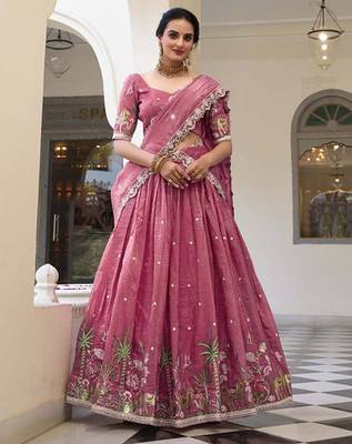 Floral Embroidered Ready To Wear Lehenga & Unstitched Blouse With Dupatta Free Size Upto 42 1