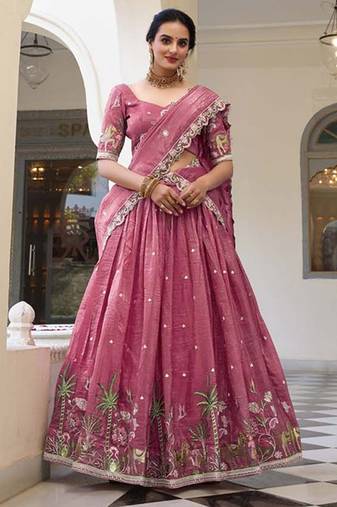 Floral Embroidered Ready To Wear Lehenga & Unstitched Blouse With Dupatta Free Size Upto 42