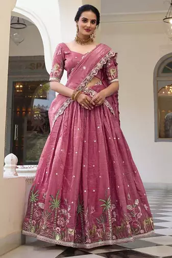 Floral Embroidered Ready To Wear Lehenga & Unstitched Blouse With Dupatta Free Size Upto 42
