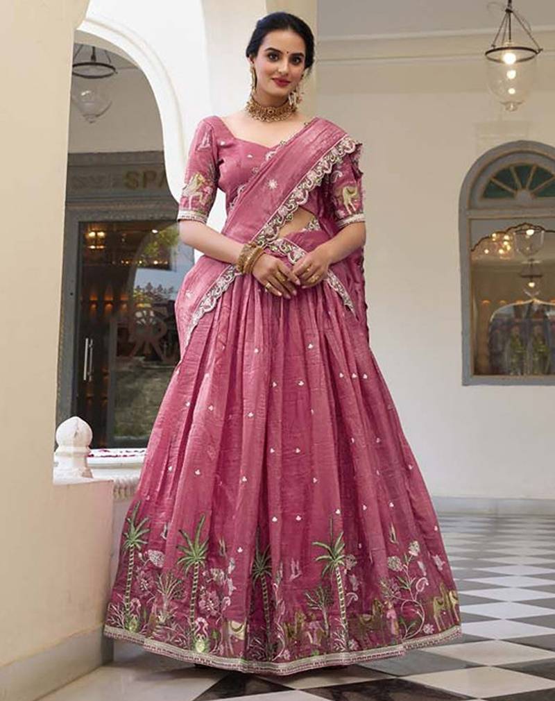 Floral Embroidered Ready To Wear Lehenga & Unstitched Blouse With Dupatta Free Size Upto 42
