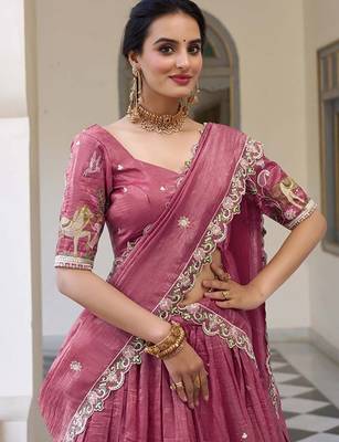 Floral Embroidered Ready To Wear Lehenga & Unstitched Blouse With Dupatta Free Size Upto 42 2