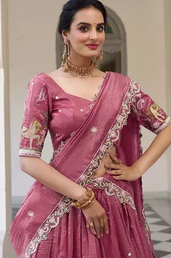 Floral Embroidered Ready To Wear Lehenga & Unstitched Blouse With Dupatta Free Size Upto 42