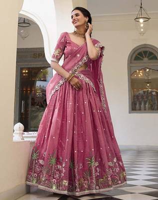Floral Embroidered Ready To Wear Lehenga & Unstitched Blouse With Dupatta Free Size Upto 42 3