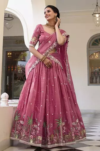 Floral Embroidered Ready To Wear Lehenga & Unstitched Blouse With Dupatta Free Size Upto 42