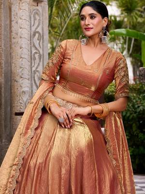 Metallic Rust Orange Fendi Silk Lehenga Choli Set With Zari Weaving Dupatta Free Size Upto 42 2