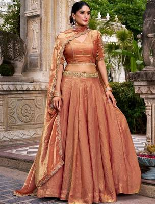 Metallic Rust Orange Fendi Silk Lehenga Choli Set With Zari Weaving Dupatta Free Size Upto 42 3