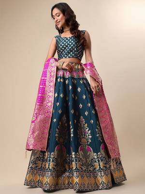 Woven Design Ready To Wear Lehenga & Unstitched Blouse With Dupatta Free Size Upto 42 1