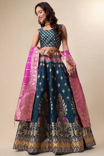 Woven Design Ready To Wear Lehenga & Unstitched Blouse With Dupatta Free Size Upto 42
