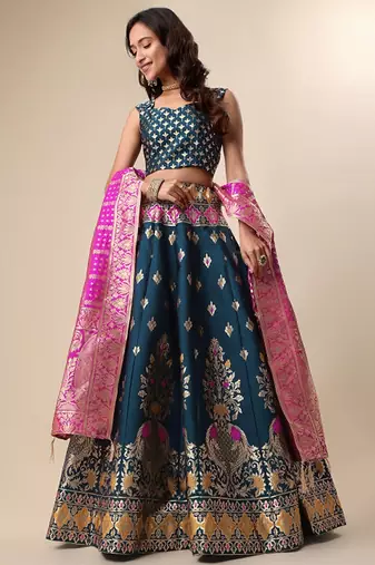 Woven Design Ready To Wear Lehenga & Unstitched Blouse With Dupatta Free Size Upto 42