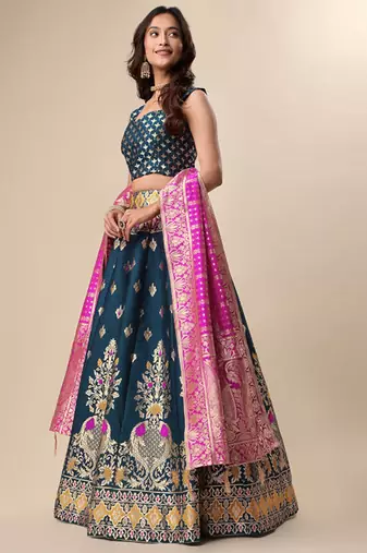 Woven Design Ready To Wear Lehenga & Unstitched Blouse With Dupatta Free Size Upto 42