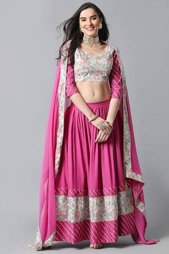 Floral Printed Gotta Patti Ready To Wear Lehenga & Blouse With Dupatta Free Size Upto 42