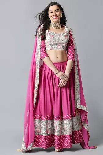 Floral Printed Gotta Patti Ready To Wear Lehenga & Blouse With Dupatta Free Size Upto 42