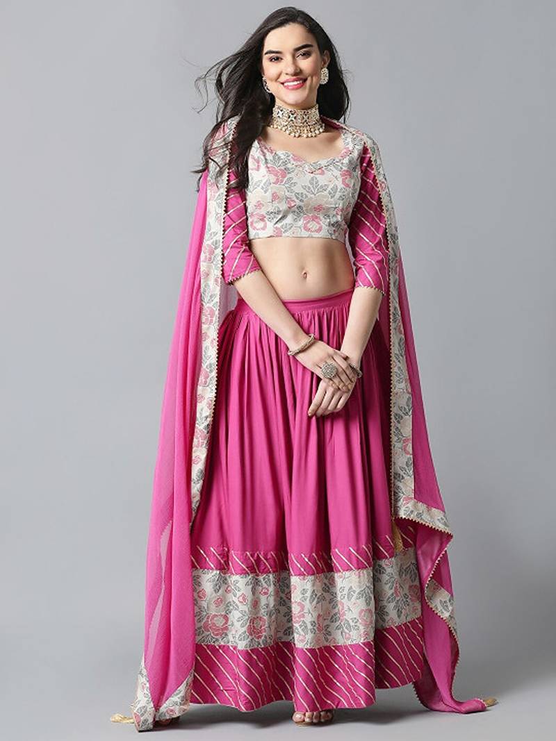 Floral Printed Gotta Patti Ready To Wear Lehenga & Blouse With Dupatta Free Size Upto 42