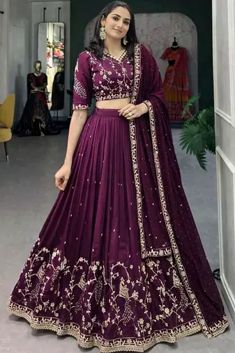 Embroidered Semi-Stitched Lehenga & Unstitched Blouse With Dupatta Free Size Upto 42